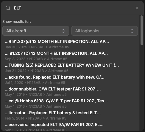 Aircraft logbook search results